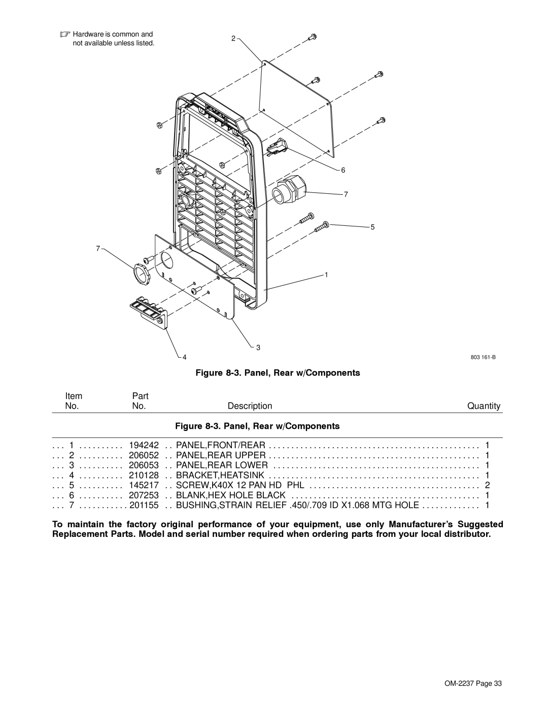 Miller Electric CST 250 manual Panel, Rear w/Components 