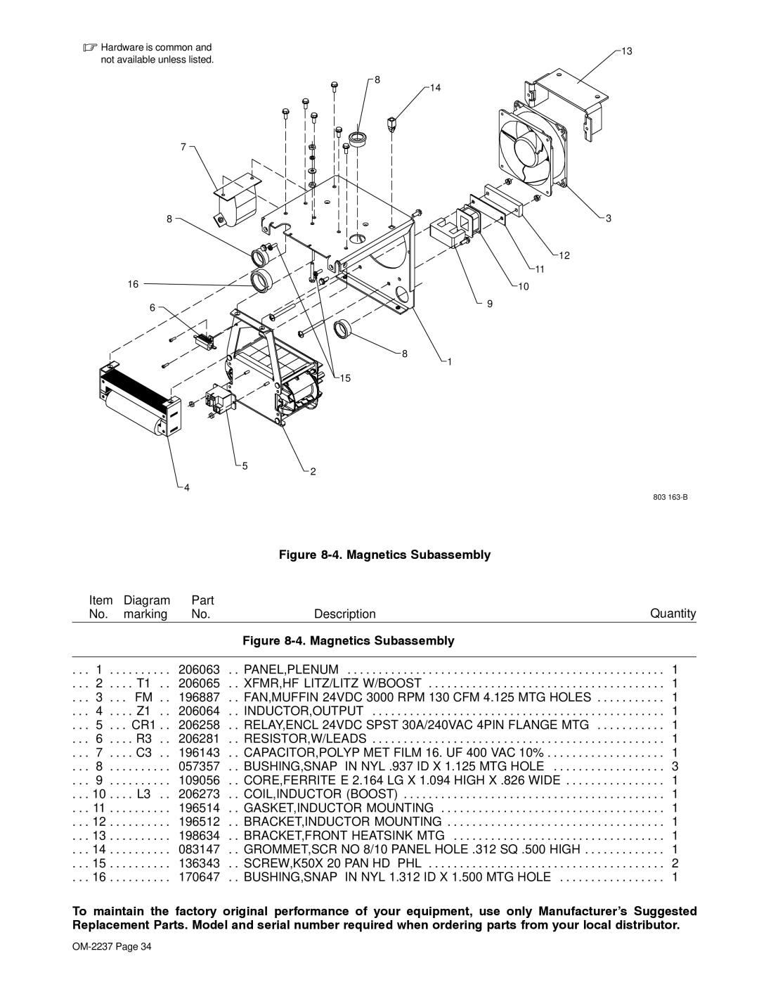 Miller Electric CST 250 manual Magnetics Subassembly 