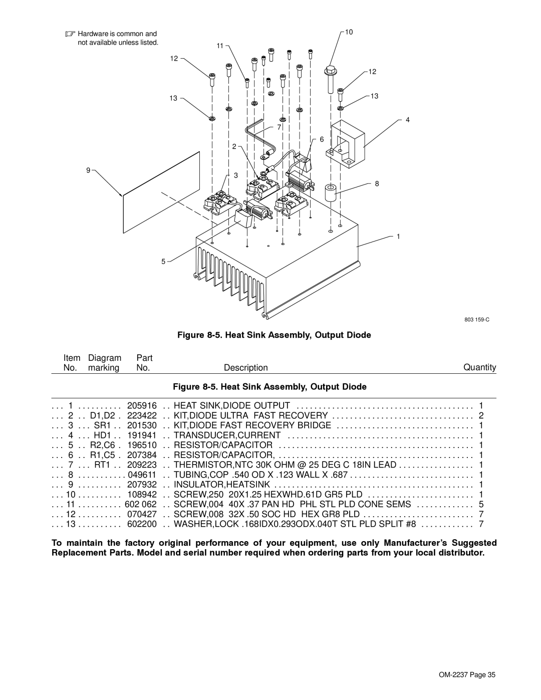 Miller Electric CST 250 manual Heat Sink Assembly, Output Diode 