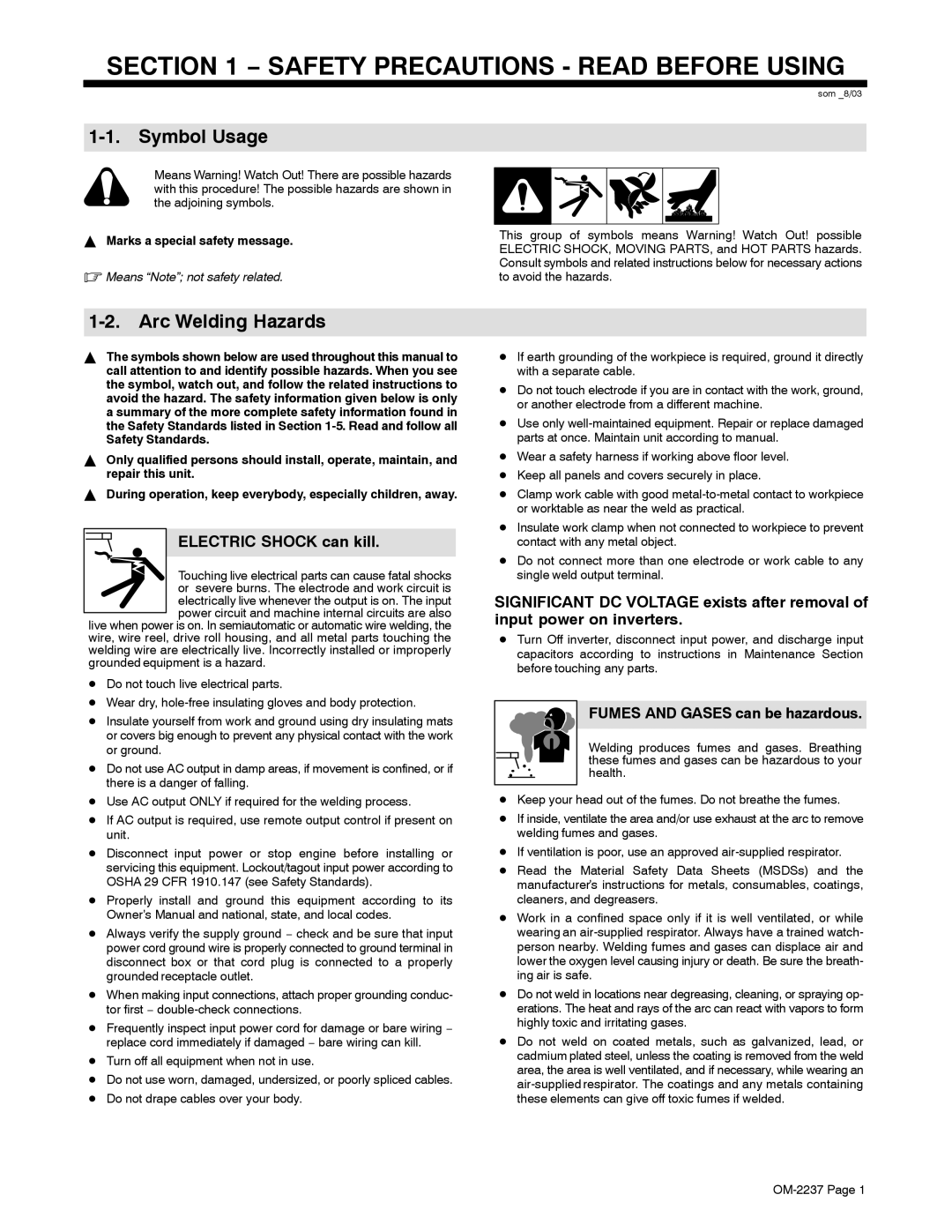 Miller Electric CST 250 manual Symbol Usage, Arc Welding Hazards, Electric Shock can kill, Fumes and Gases can be hazardous 