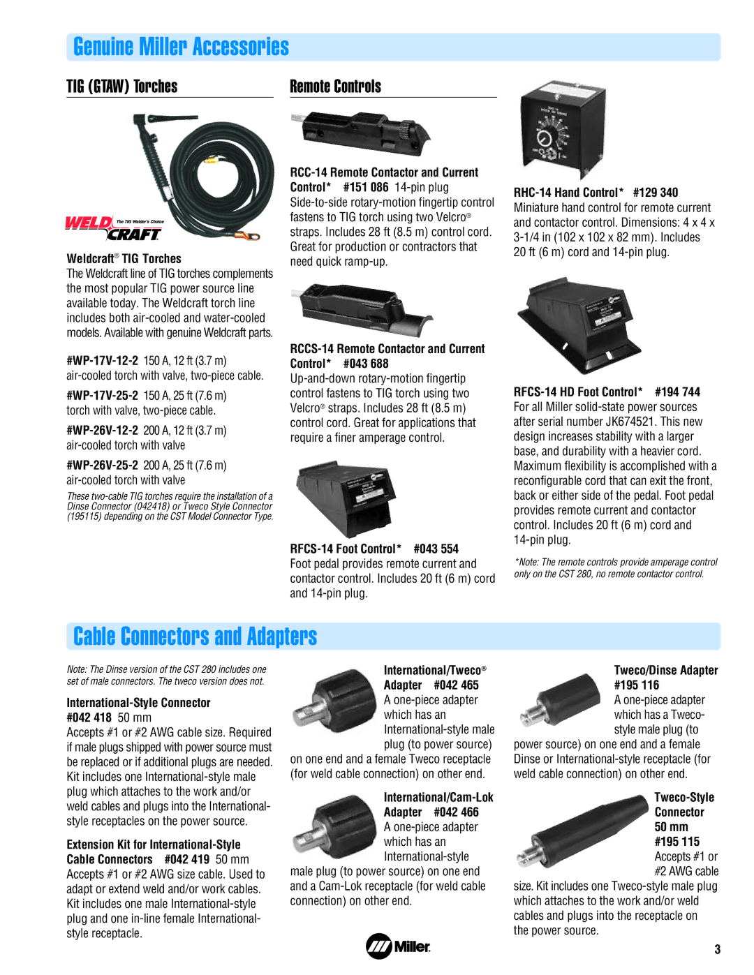 Miller Electric CST 280 manual Genuine Miller Accessories, Cable Connectors and Adapters 