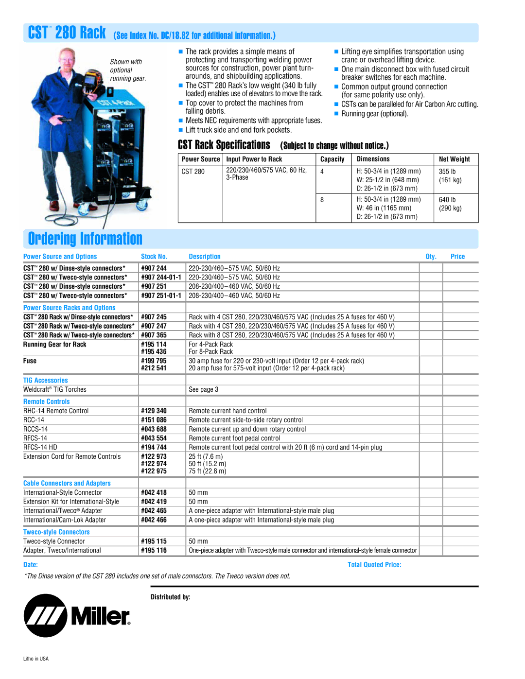 Miller Electric CST 280 manual Ordering Information 