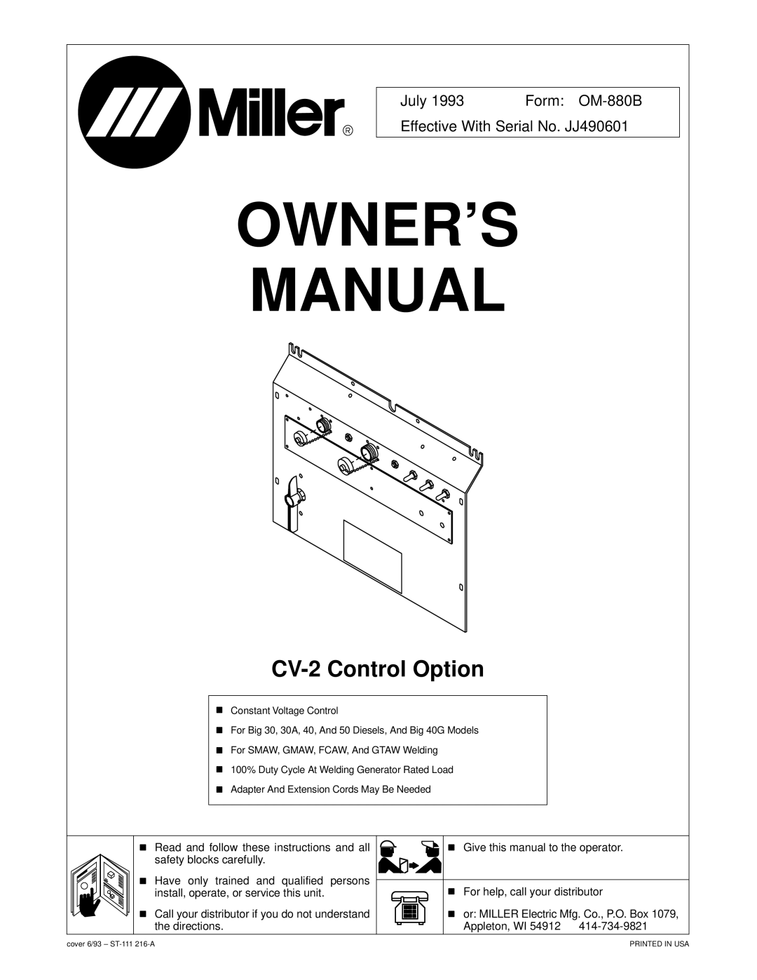 Miller Electric CV-2 owner manual OWNER’S Manual 