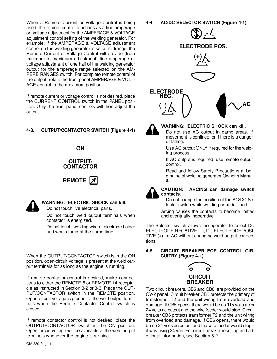 Miller Electric CV-2 owner manual Output Contactor Remote, Electrode POS NEG, Circuit Breaker 