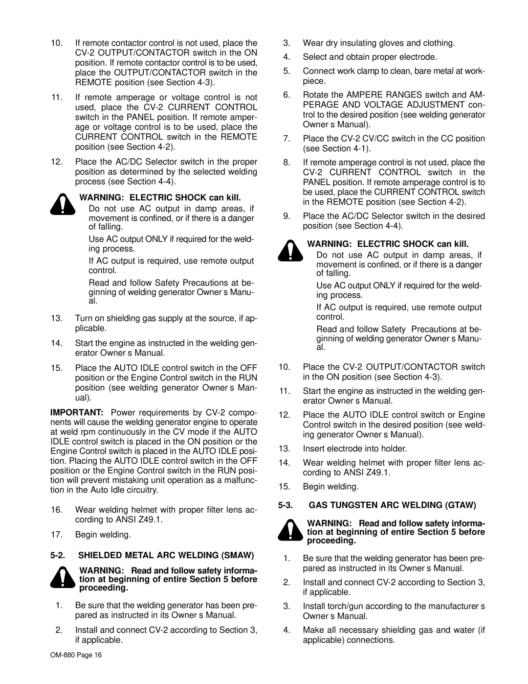 Miller Electric CV-2 owner manual Shielded Metal ARC Welding Smaw, GAS Tungsten ARC Welding Gtaw 