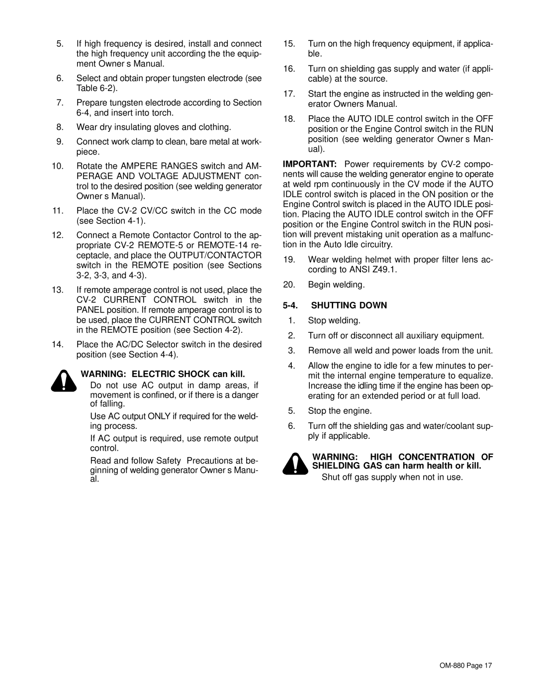 Miller Electric CV-2 owner manual Shutting Down 