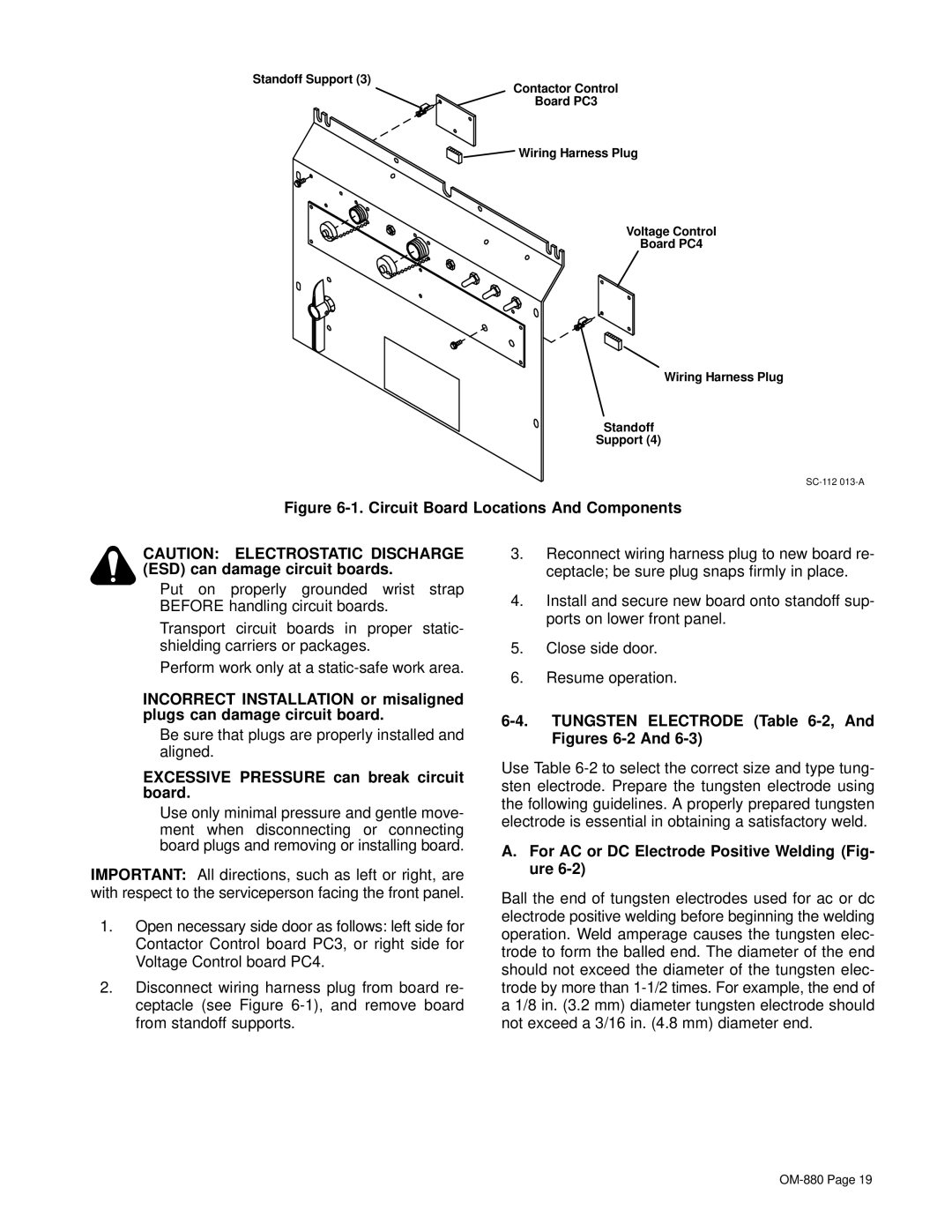 Miller Electric CV-2 owner manual Excessive Pressure can break circuit board, Tungsten Electrode -2, And Figures 6-2 