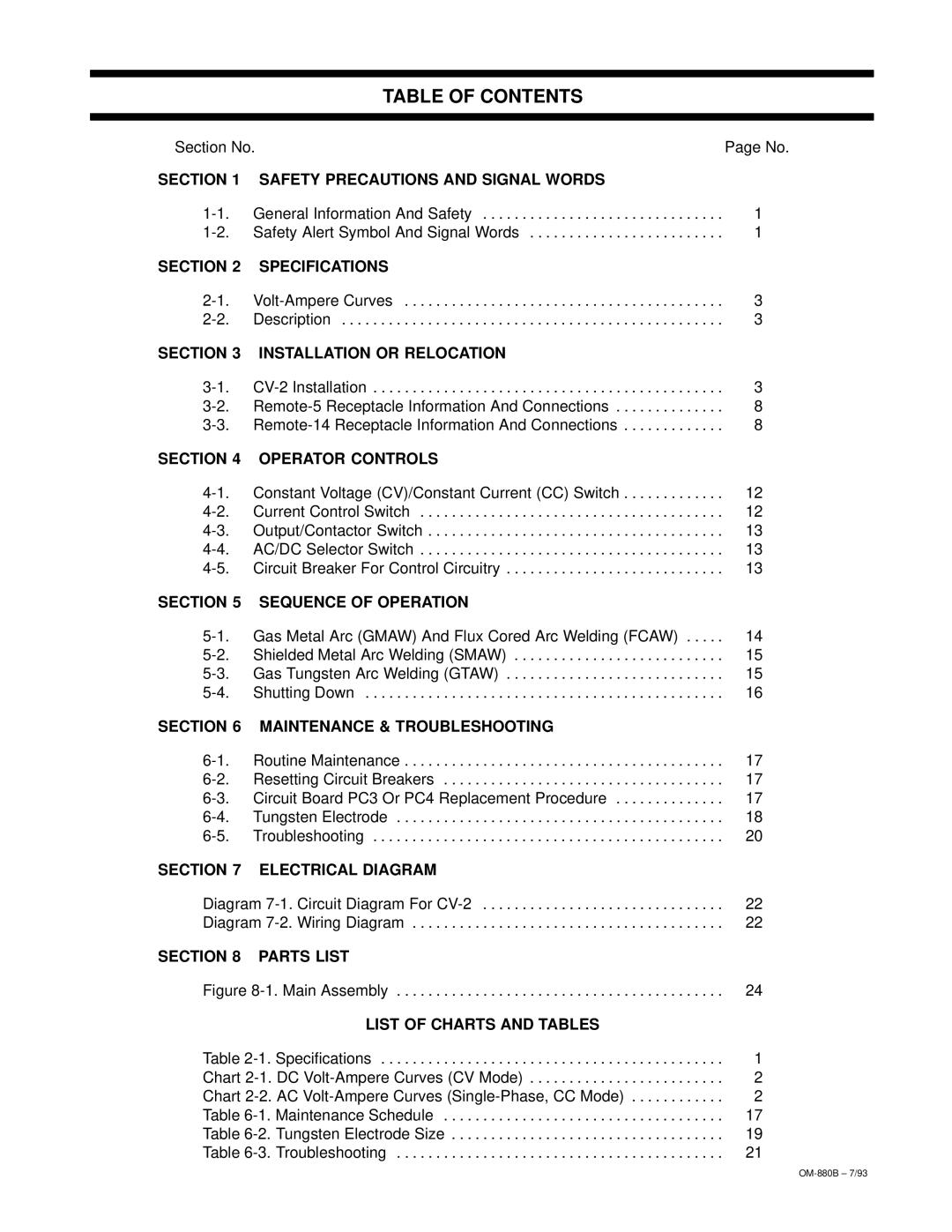 Miller Electric CV-2 owner manual Table of Contents 