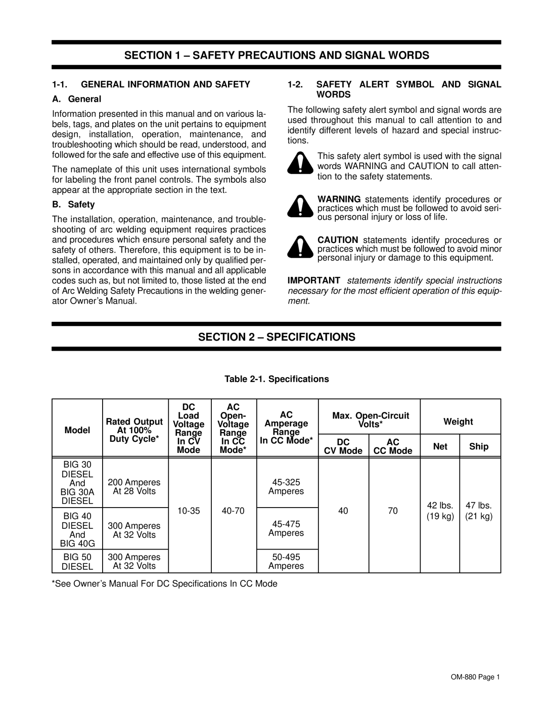 Miller Electric CV-2 owner manual Safety Precautions and Signal Words, Specifications, General Information and Safety 