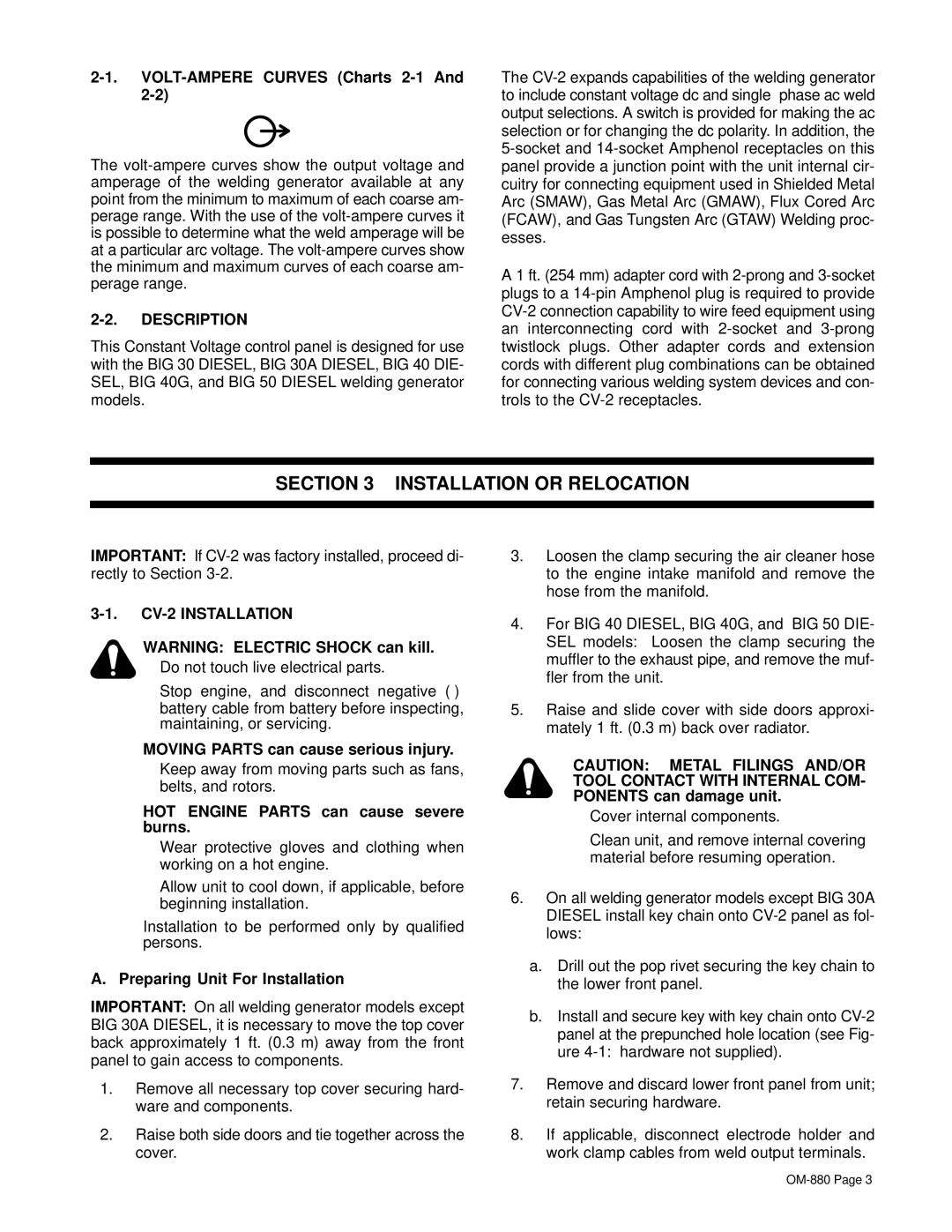 Miller Electric owner manual Installation or Relocation, Description, CV-2 Installation 