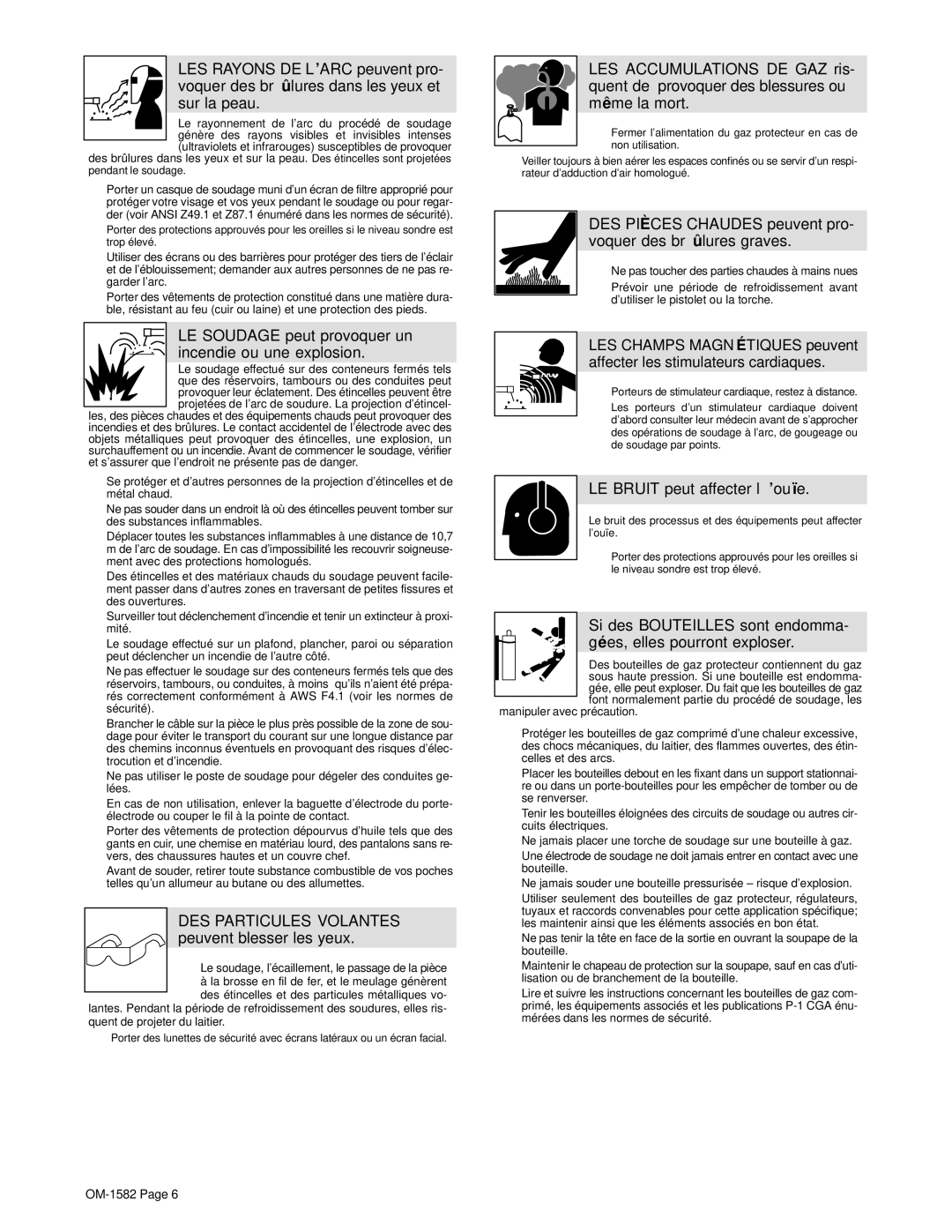 Miller Electric D-64 manual LE Soudage peut provoquer un incendie ou une explosion, LE Bruit peut affecter l’ouïe 