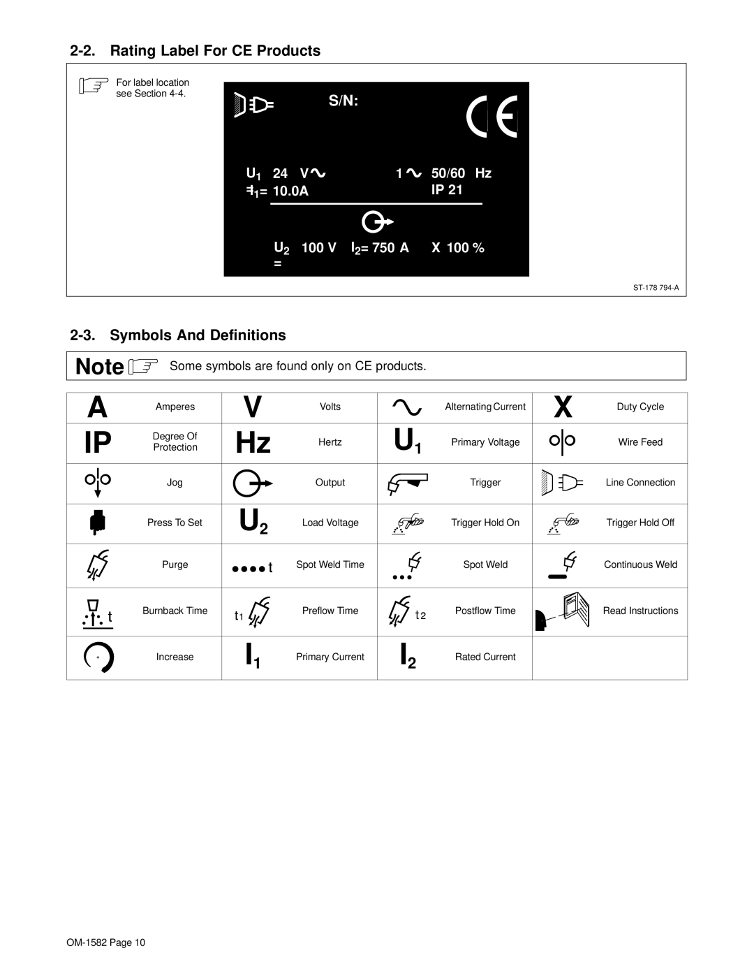 Miller Electric D-64 manual Rating Label For CE Products, Symbols And Definitions 