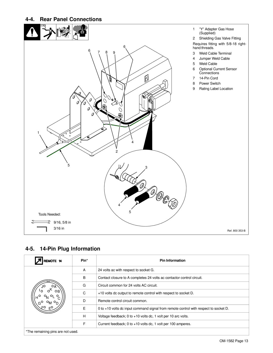 Miller Electric D-64 manual Rear Panel Connections, Pin Plug Information, Pin Information 