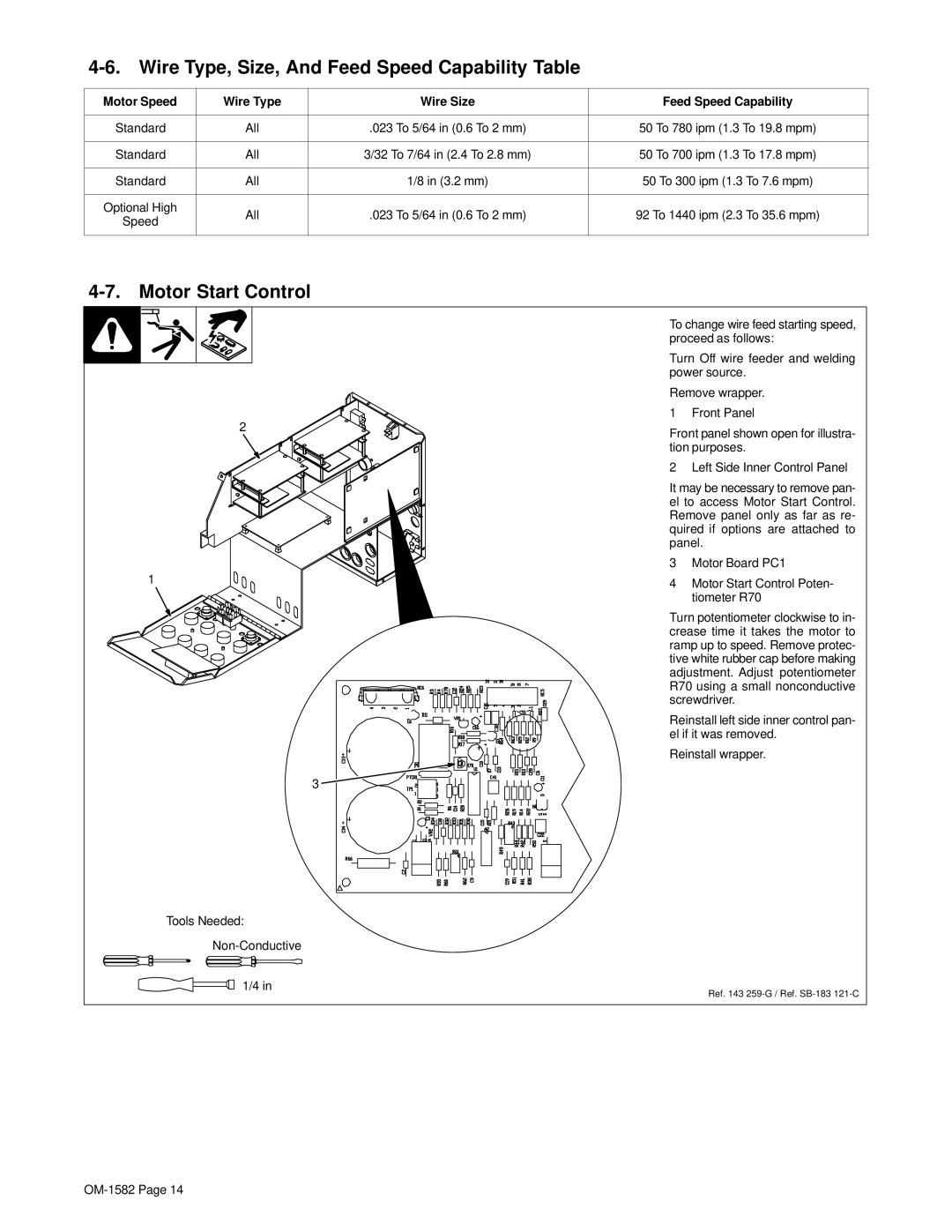 Miller Electric D-64 manual Wire Type, Size, And Feed Speed Capability Table, Motor Start Control 