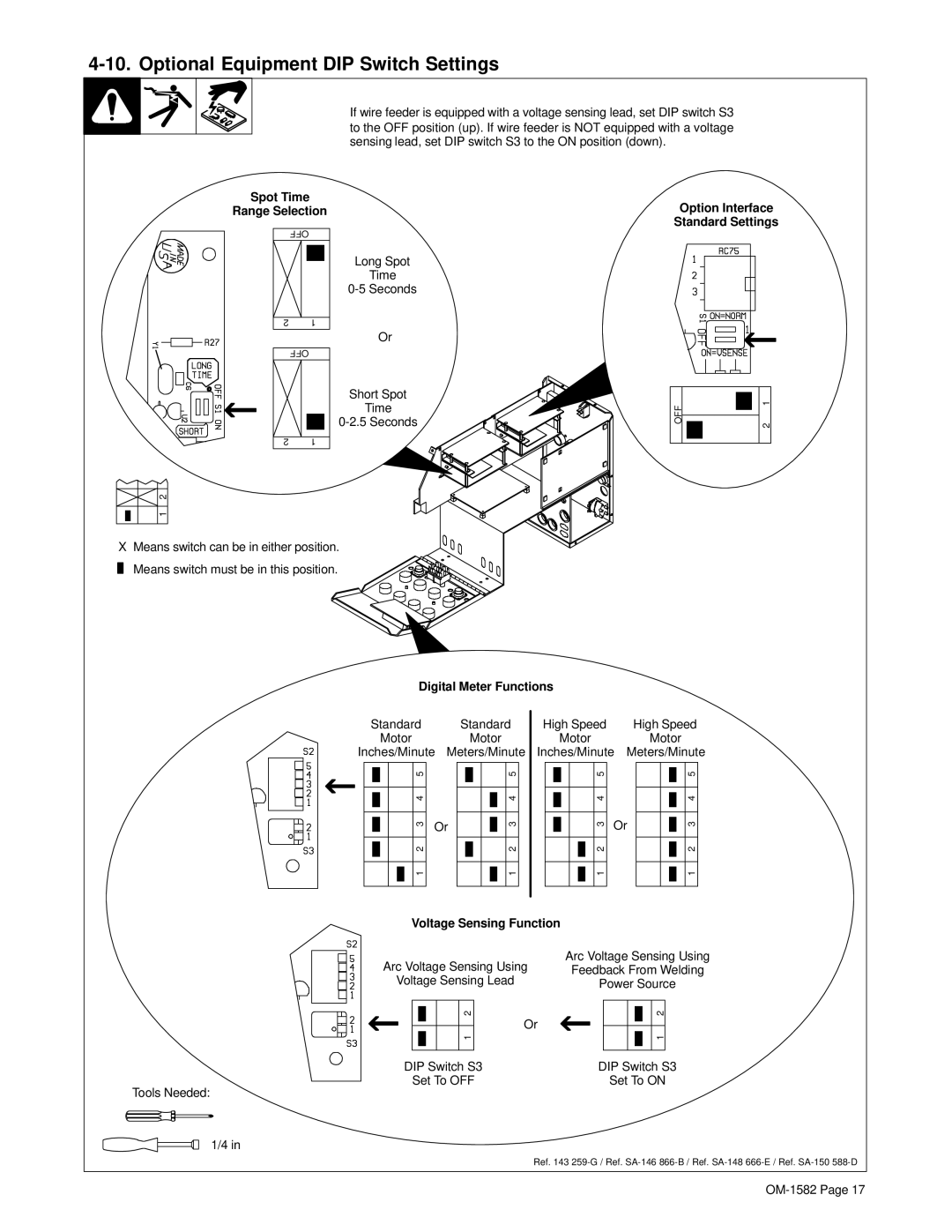 Miller Electric D-64 Optional Equipment DIP Switch Settings, Spot Time Range SelectionOption Interface Standard Settings 