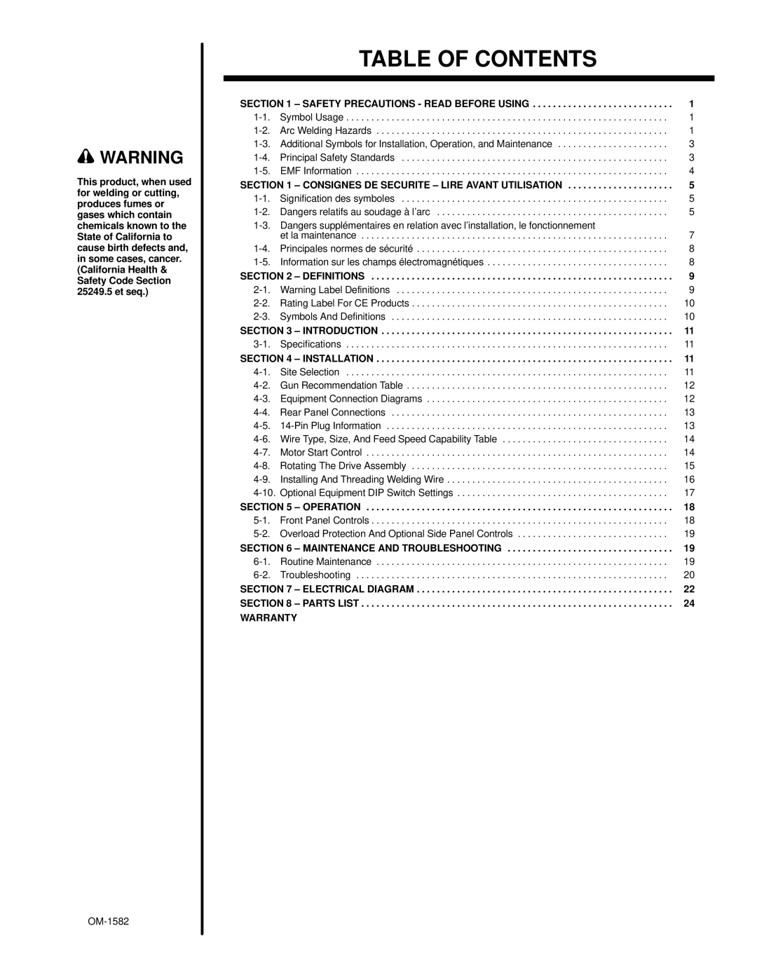 Miller Electric D-64 manual Table of Contents 