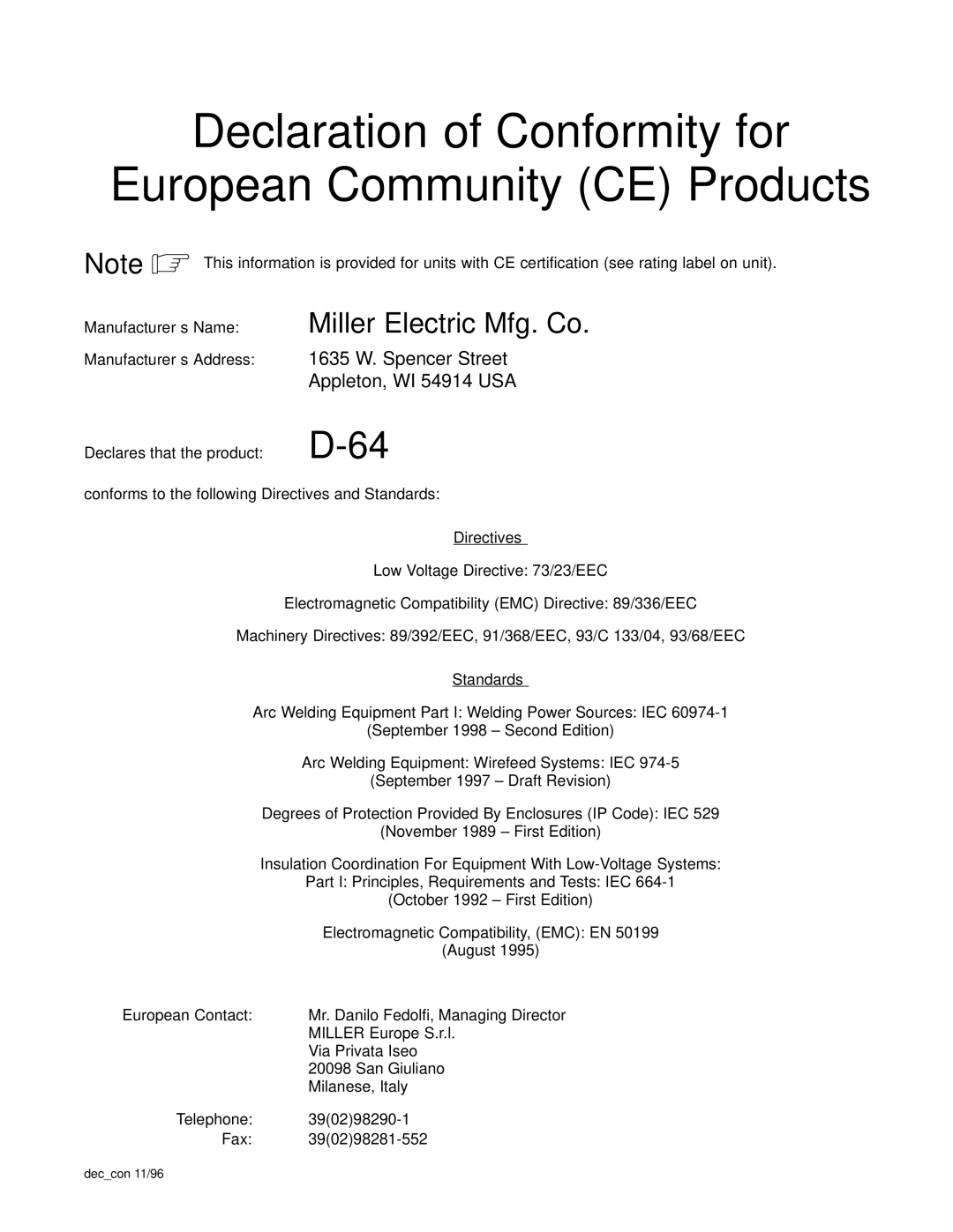 Miller Electric D-64 manual Directives, Standards 