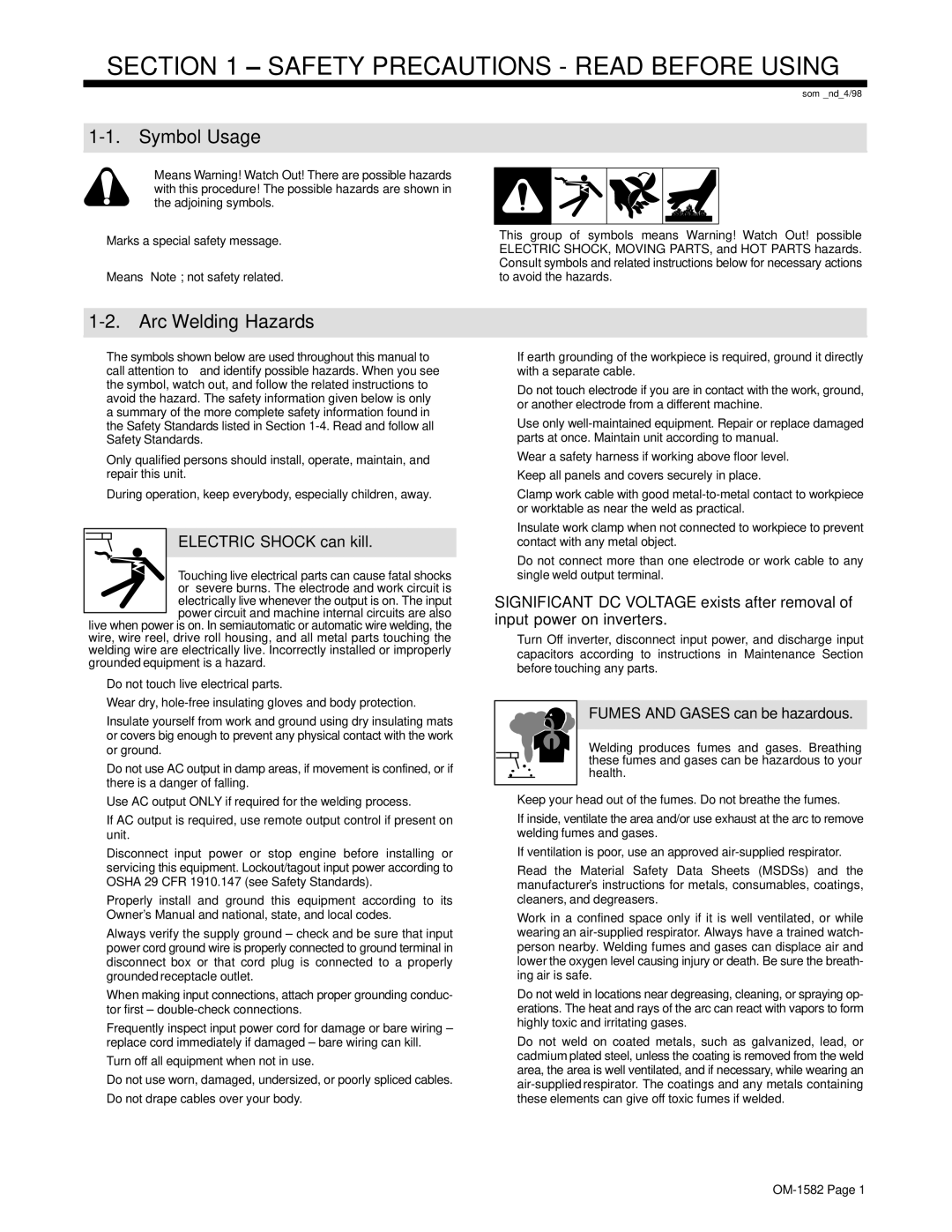 Miller Electric D-64 manual Symbol Usage, Arc Welding Hazards, Electric Shock can kill, Fumes and Gases can be hazardous 