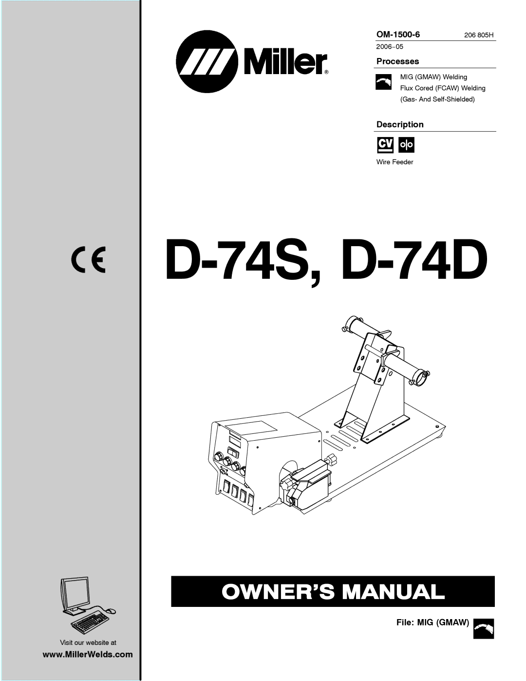 Miller Electric D-74D manual OM-1500-6 206 805H, Processes, Description, File MIG Gmaw 