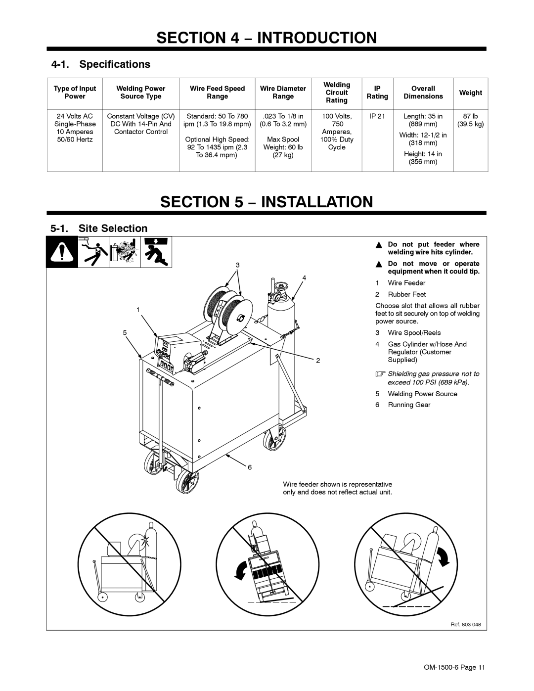 Miller Electric D-74D manual Specifications, Site Selection, Rating 