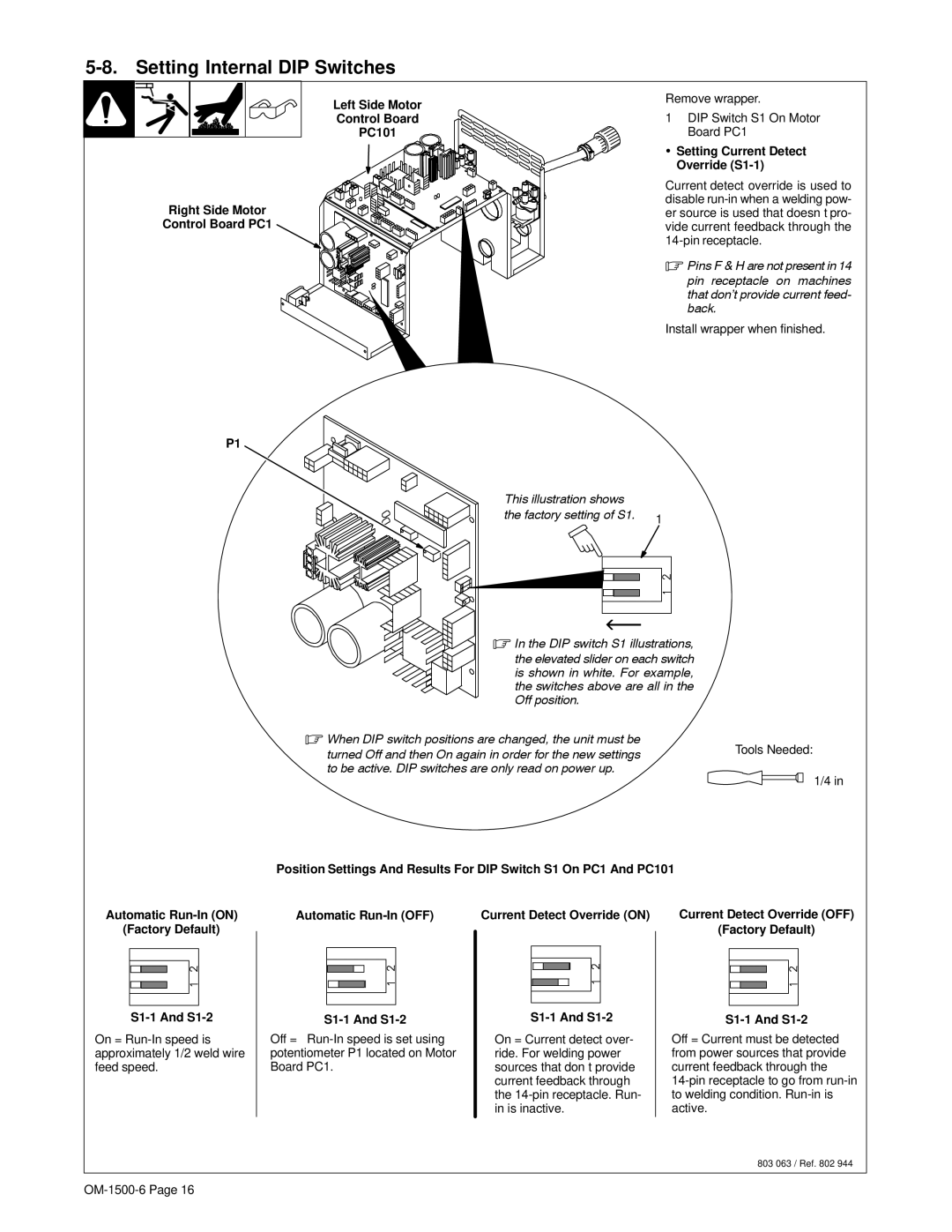 Miller Electric D-74D manual Setting Internal DIP Switches, Right Side Motor Control Board PC1 Left Side Motor PC101 