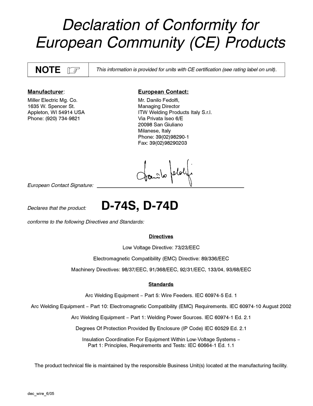 Miller Electric D-74D manual Directives, Standards, Decwire6/05 