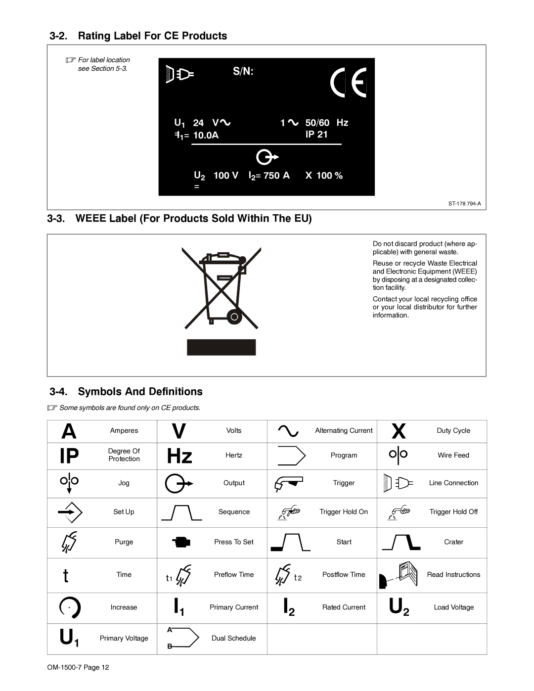 Miller Electric D-74DX Rating Label For CE Products, Weee Label For Products Sold Within The EU, Symbols And Definitions 