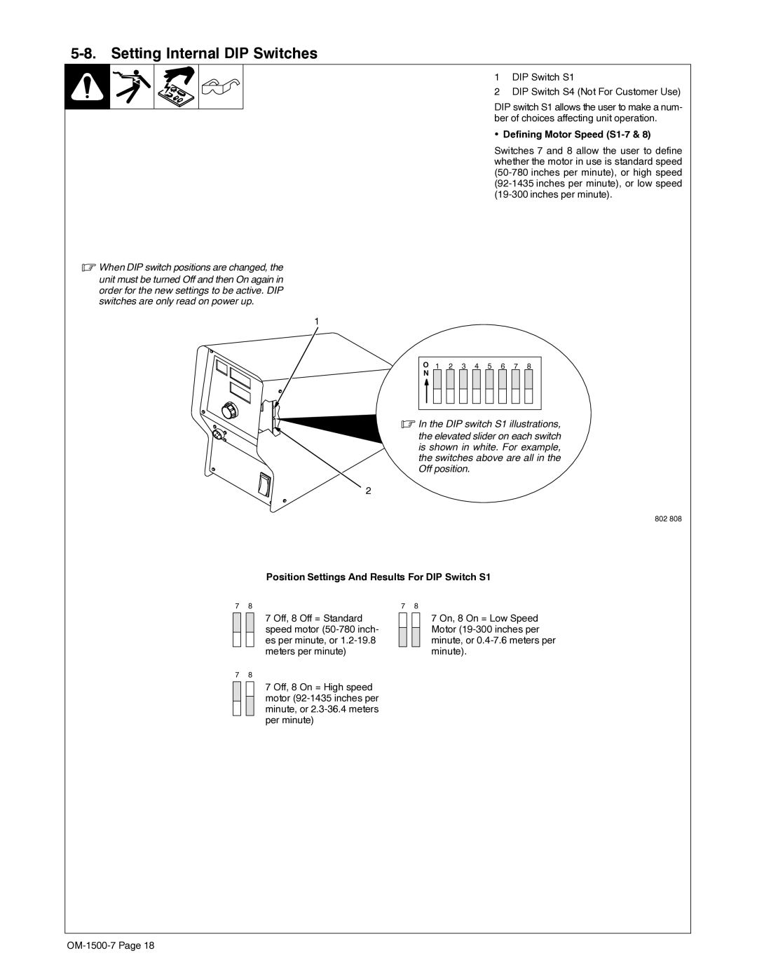 Miller Electric D-74DX manual Setting Internal DIP Switches, DIP Switch S1 DIP Switch S4 Not For Customer Use 