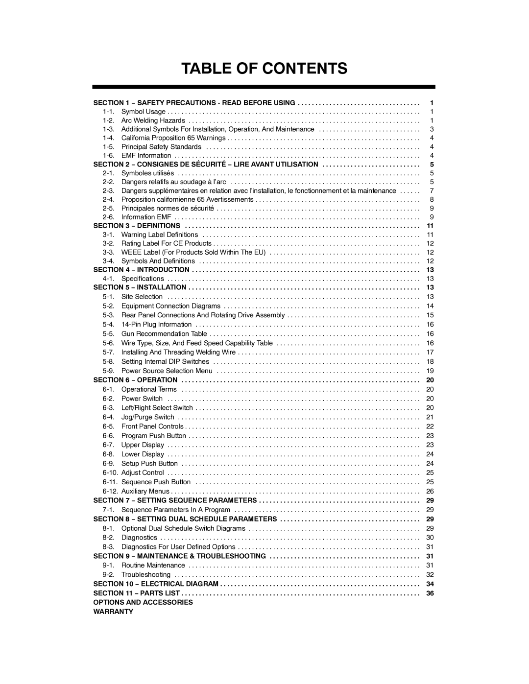 Miller Electric D-74DX manual Table of Contents 