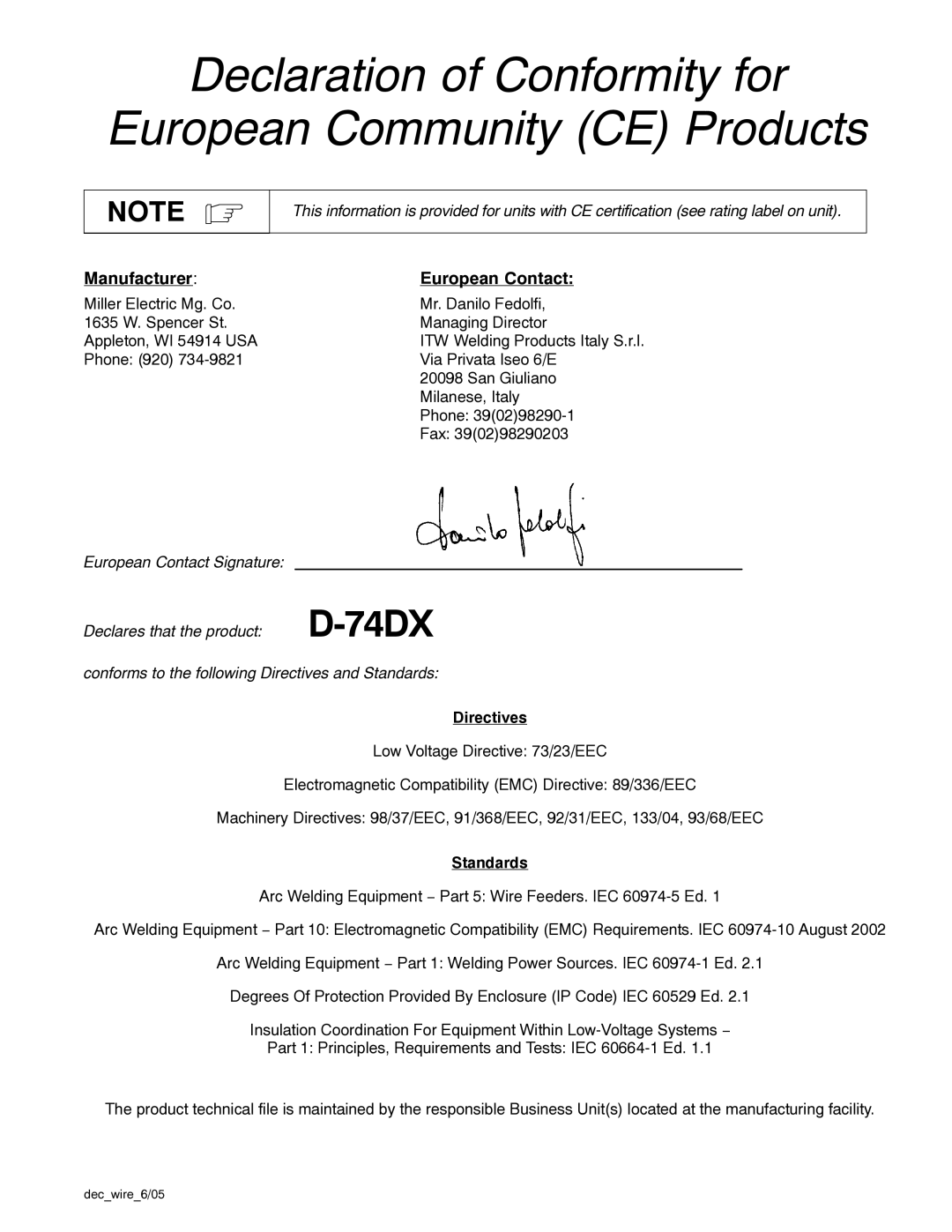 Miller Electric D-74DX manual Directives, Standards, Decwire6/05 