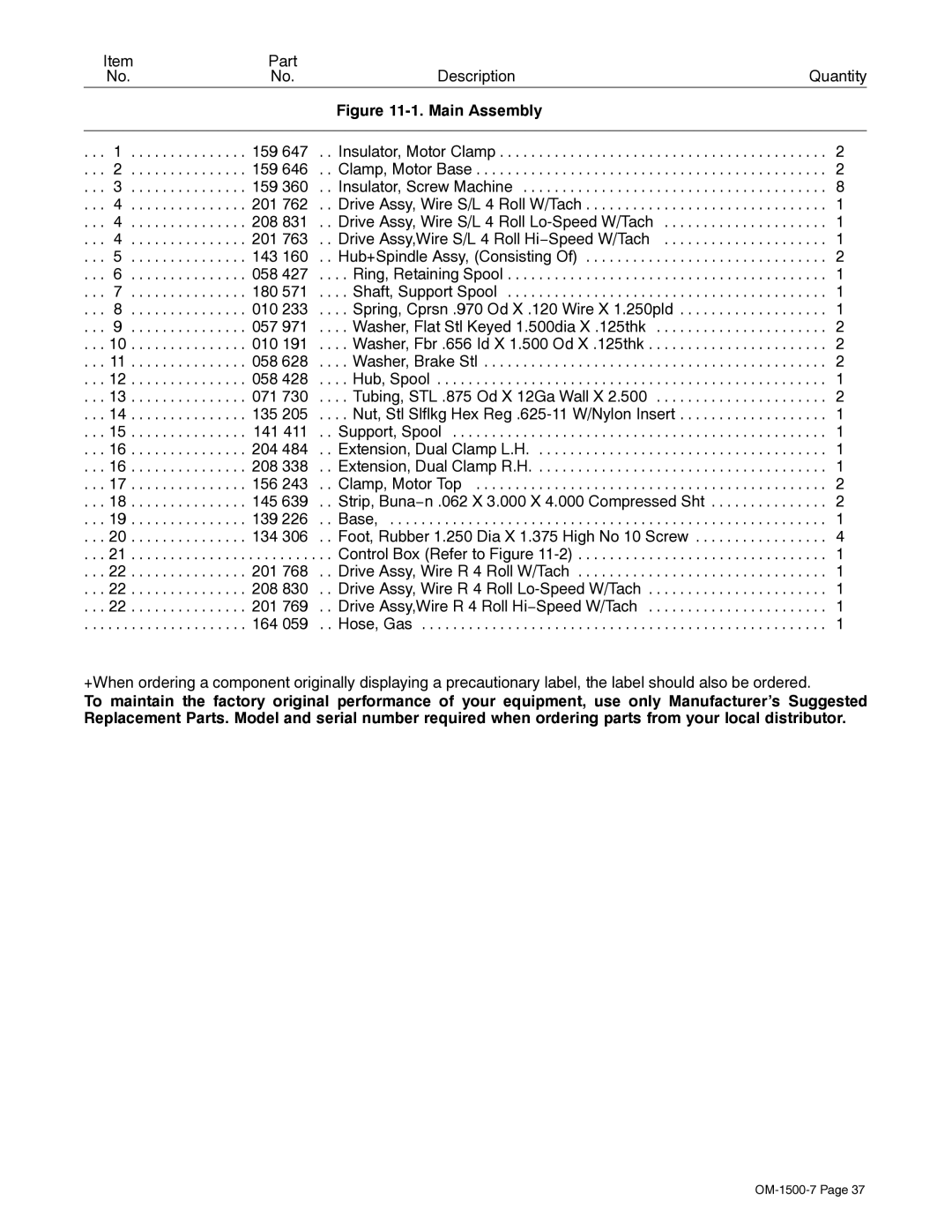 Miller Electric D-74DX manual Part Description Quantity 