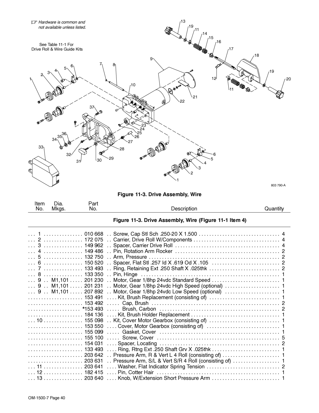 Miller Electric D-74DX manual Hardware is common Not available unless listed, See -1 For Drive Roll & Wire Guide Kits 