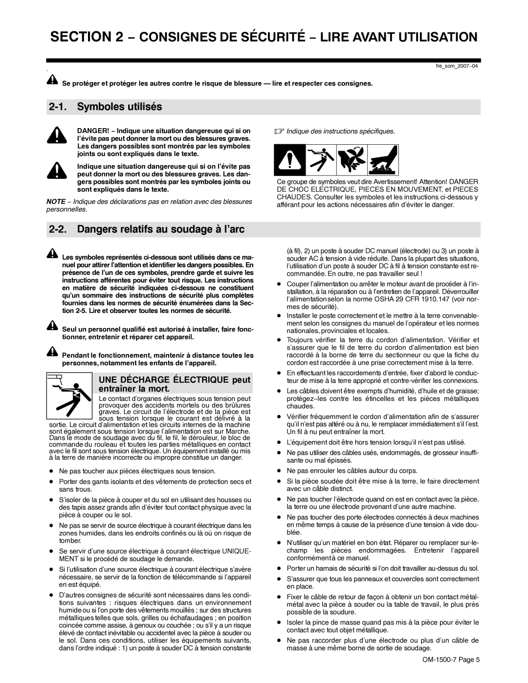 Miller Electric D-74DX manual Symboles utilisés, UNE Décharge Électrique peut entraîner la mort 