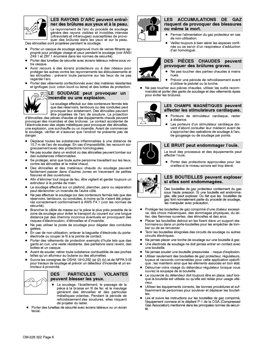 Miller Electric D-75S, D-75D manual LE Soudage peut provoquer un, Incendie ou une explosion, LE Bruit peut endommager l’ouïe 