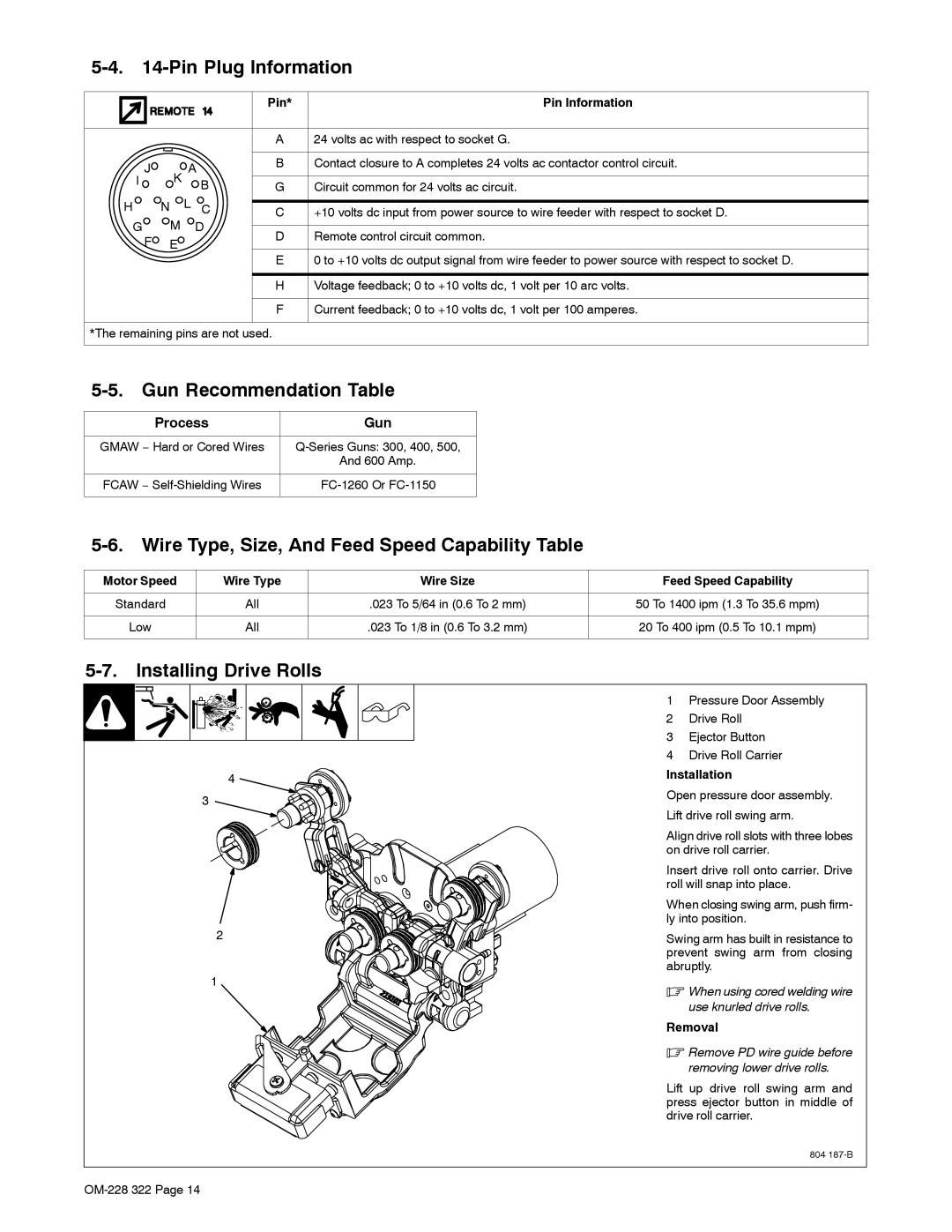 Miller Electric D-75S Pin Plug Information, Gun Recommendation Table, Wire Type, Size, And Feed Speed Capability Table 