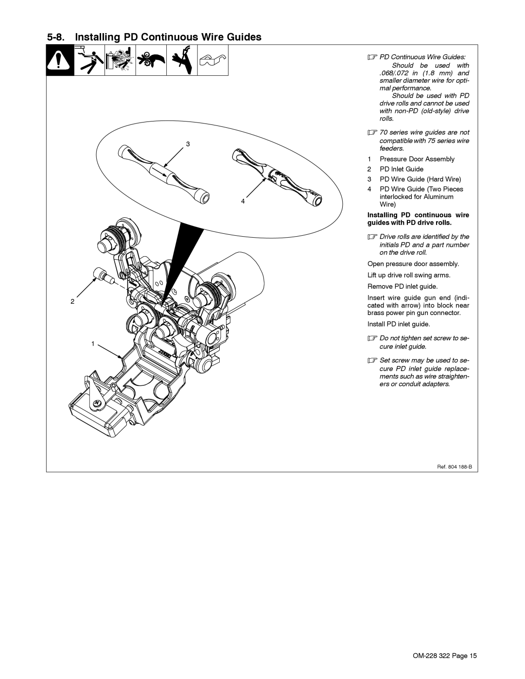 Miller Electric D-75D manual Installing PD Continuous Wire Guides, Installing PD continuous wire guides with PD drive rolls 