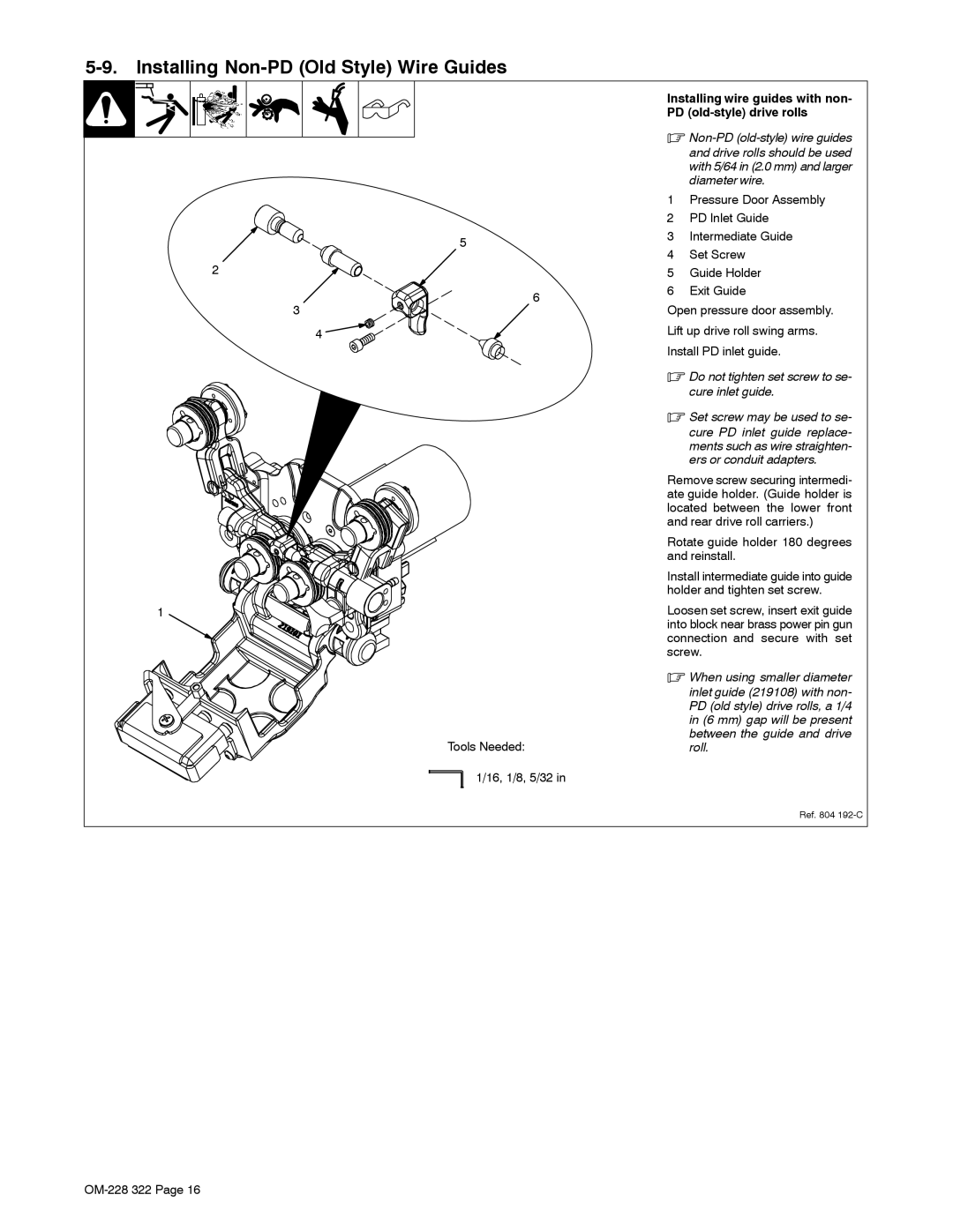 Miller Electric D-75S, D-75D manual Installing Non-PD Old Style Wire Guides, Tools Needed 16, 1/8, 5/32 