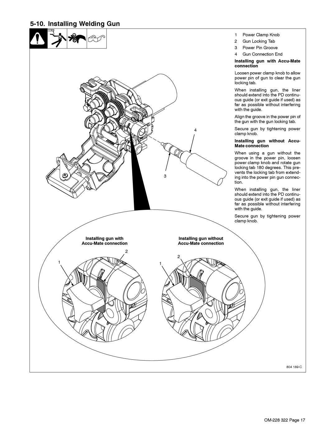 Miller Electric D-75D, D-75S manual Installing Welding Gun, Installing gun with Accu-Mate connection 