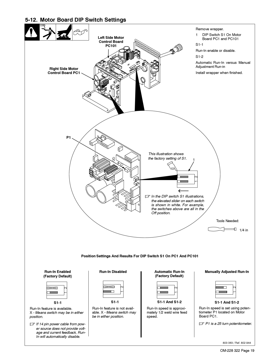 Miller Electric D-75D Motor Board DIP Switch Settings, Left Side Motor Control Board PC101 Right Side Motor, S1-1 And S1-2 