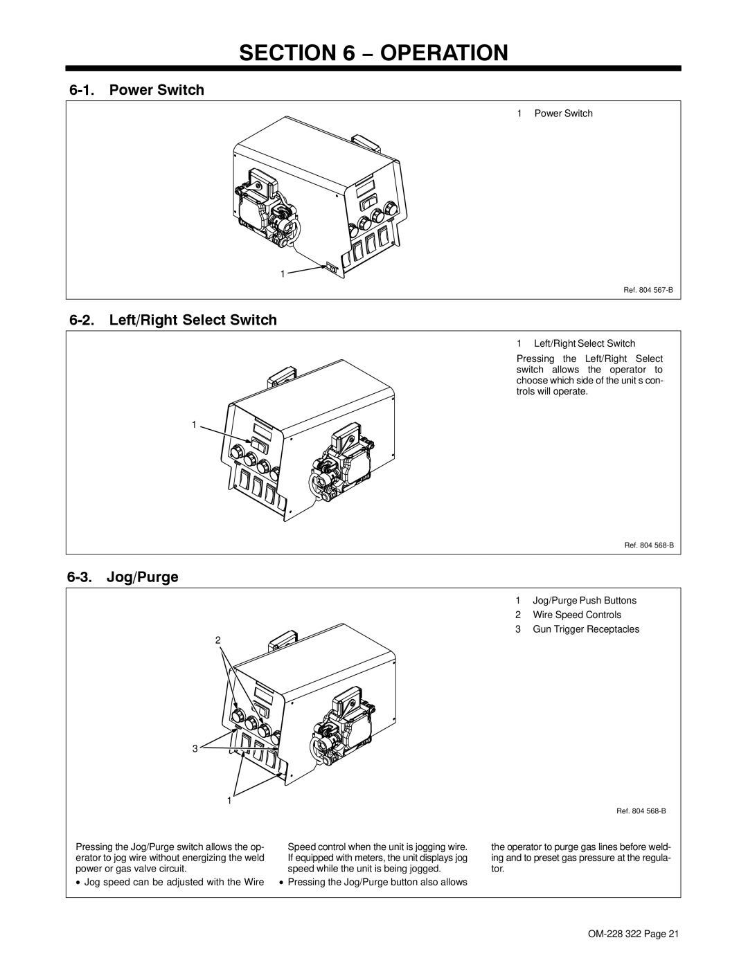 Miller Electric D-75D, D-75S manual Power Switch, Left/Right Select Switch, Jog/Purge 