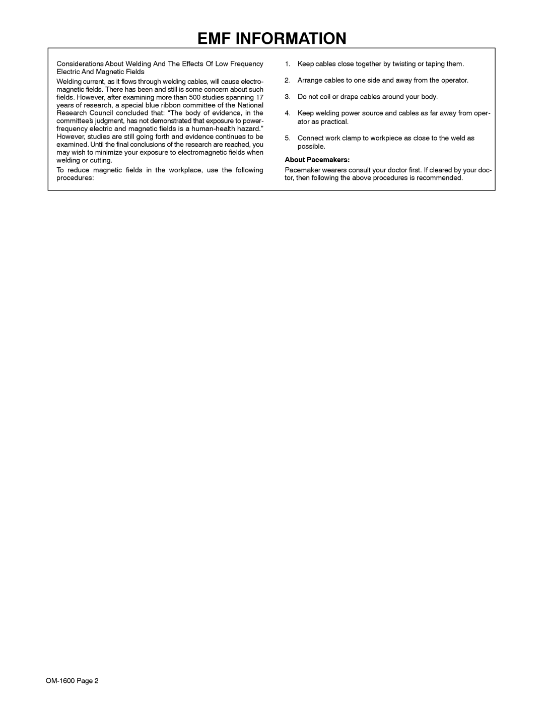 Miller Electric DB1725RDI25, DB17V12R, DB1712RDI25 manual EMF Information, About Pacemakers 