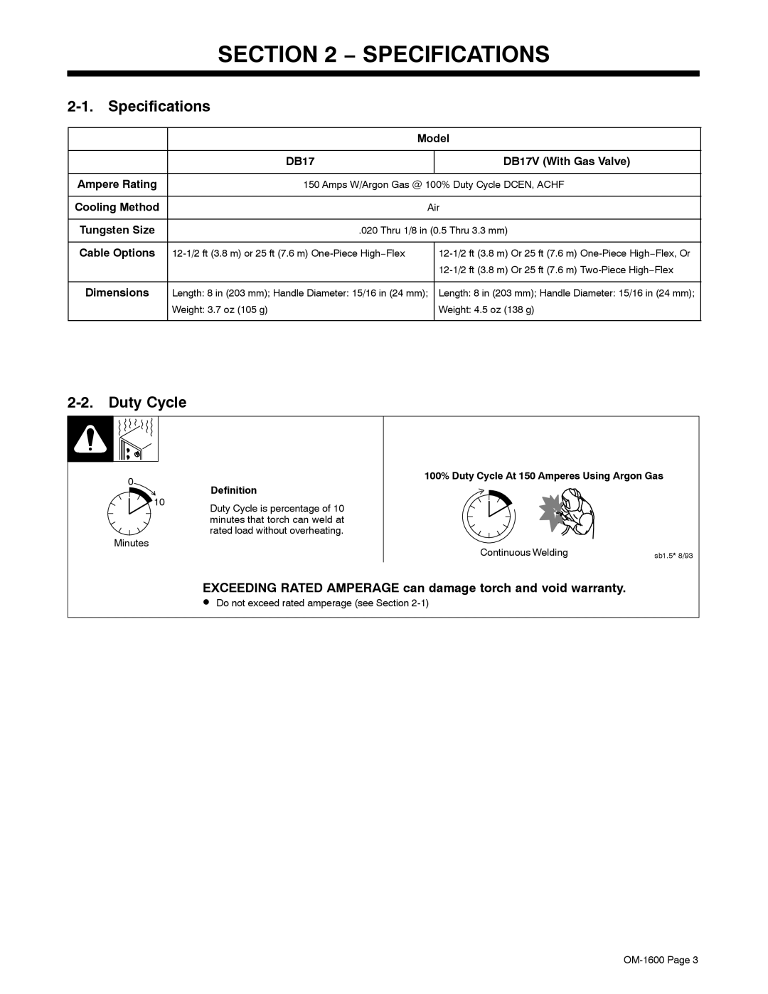 Miller Electric DB17V12R manual Specifications, Duty Cycle, Exceeding Rated Amperage can damage torch and void warranty 