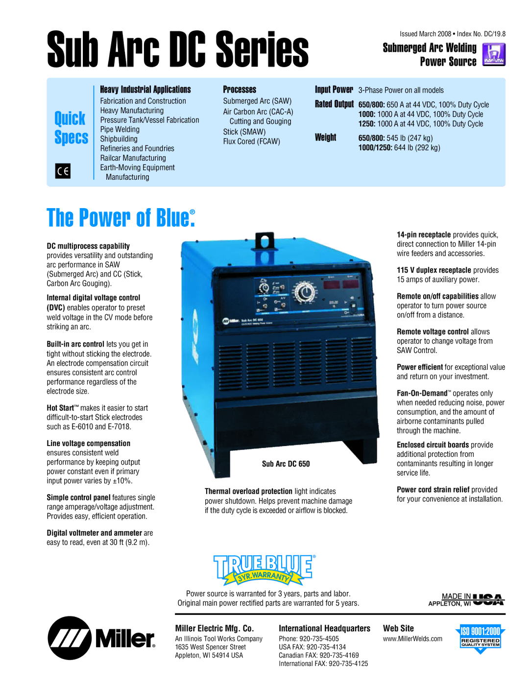 Miller Electric DC 650 manual Power of Blue, Power Source, Quick Specs 