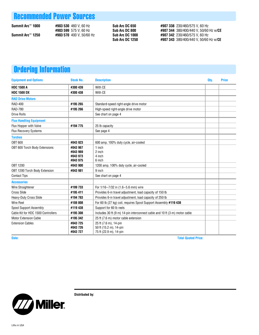 Miller Electric DC 650 manual Recommended Power Sources, Ordering Information, Hz Sub Arc DC #907, Summit Arc 