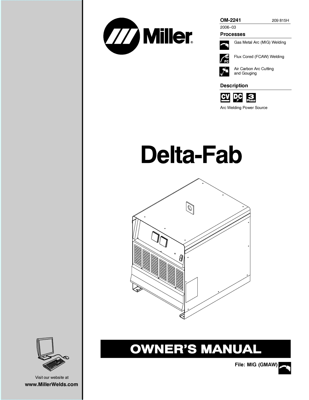 Miller Electric Delta-Fab manual OM-2241209 815H, Processes, Description, File MIG Gmaw 