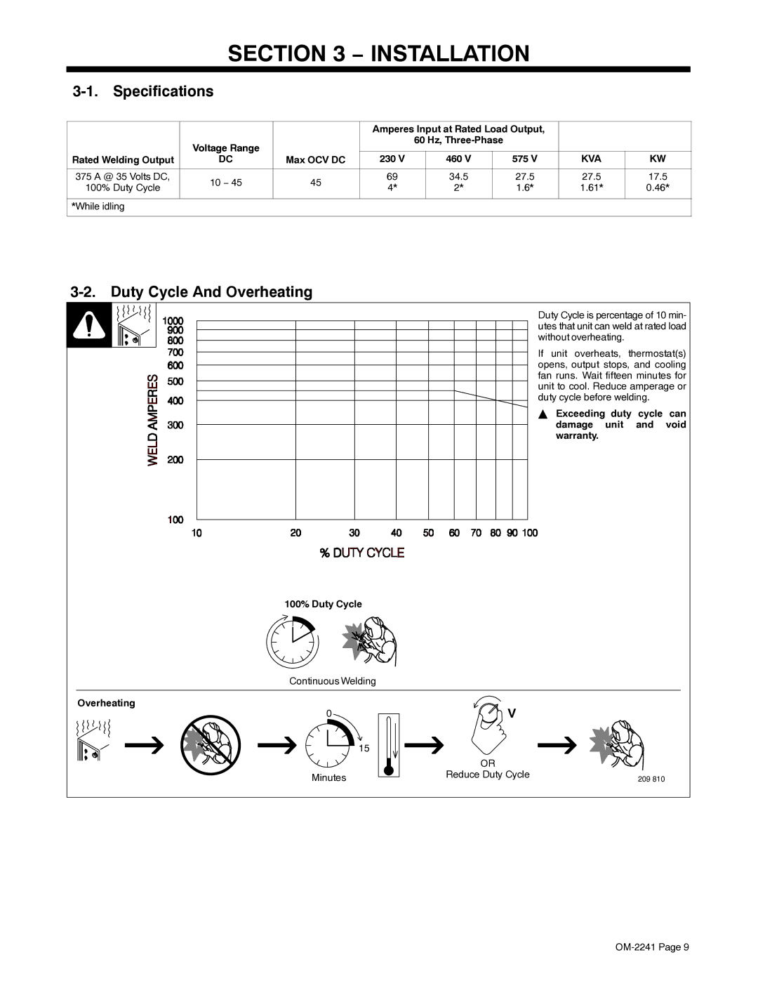 Miller Electric Delta-Fab manual Specifications, Duty Cycle And Overheating, 230 