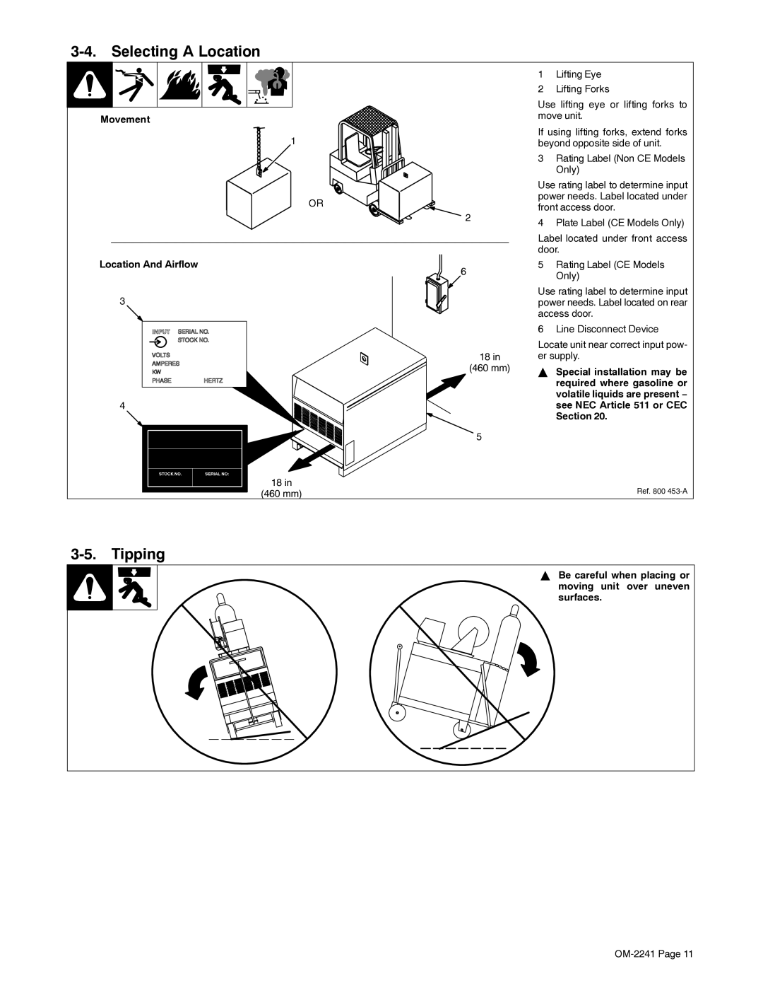 Miller Electric Delta-Fab manual Selecting a Location, Tipping, Movement 