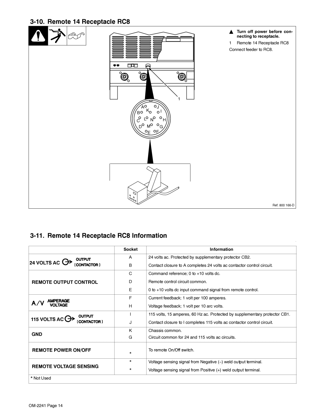 Miller Electric Delta-Fab manual Remote 14 Receptacle RC8 Information, Turn off power before con- necting to receptacle 