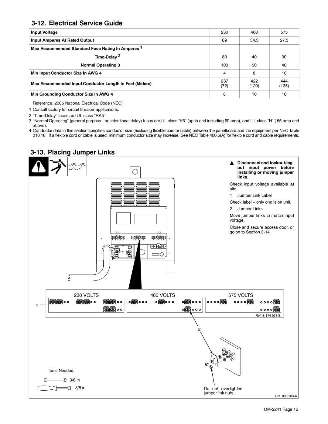 Miller Electric Delta-Fab Electrical Service Guide, Placing Jumper Links, Input Voltage, Input Amperes At Rated Output 