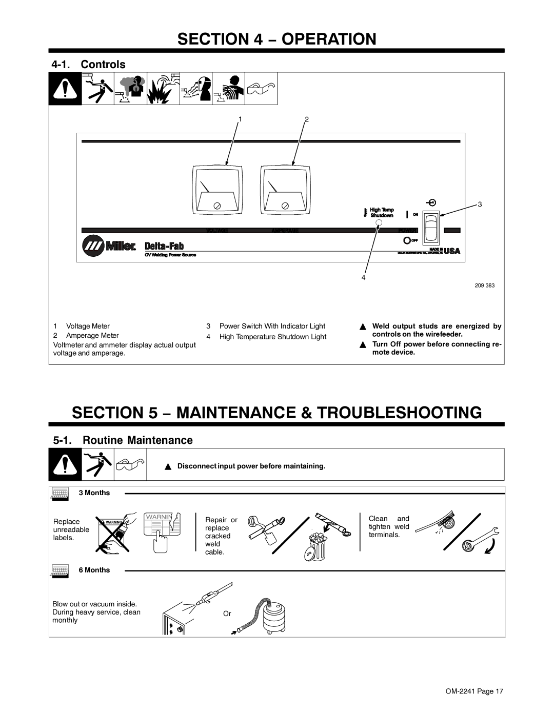 Miller Electric Delta-Fab manual Controls, Routine Maintenance, Disconnect input power before maintaining Months 